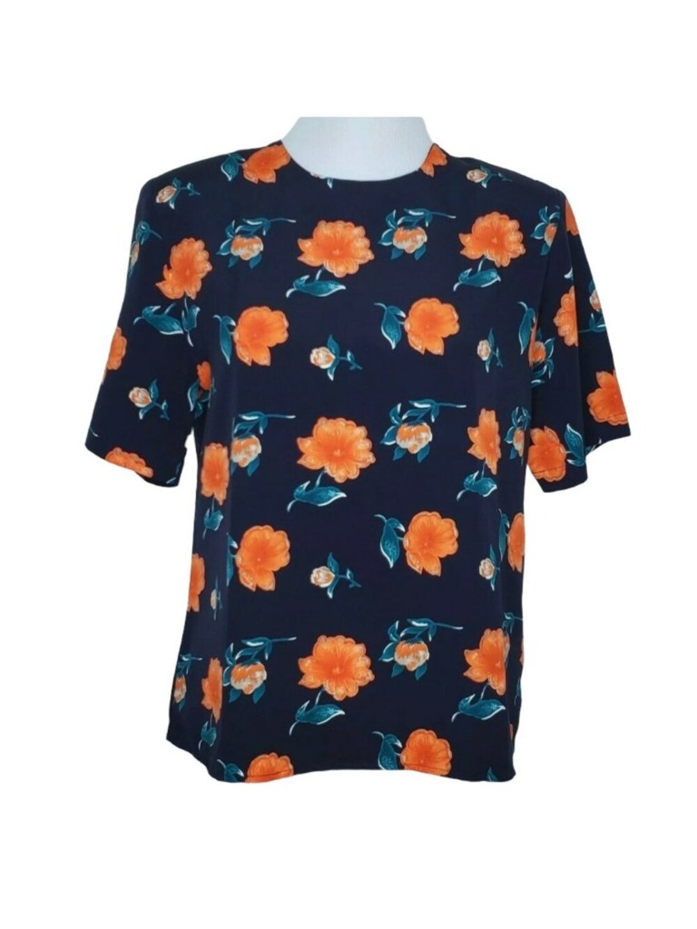 Vintage Worthington Blouse Petite Medium Floral Blue Orange Short Sleeve Womens